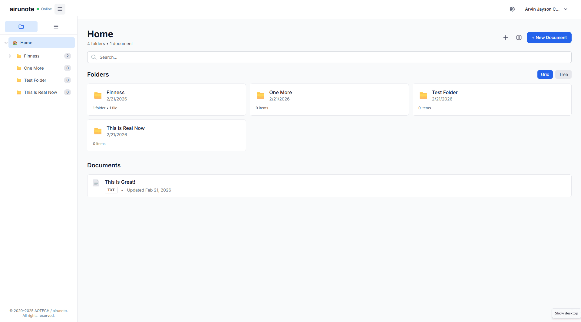 AiruNote workspace showing folders and documents
